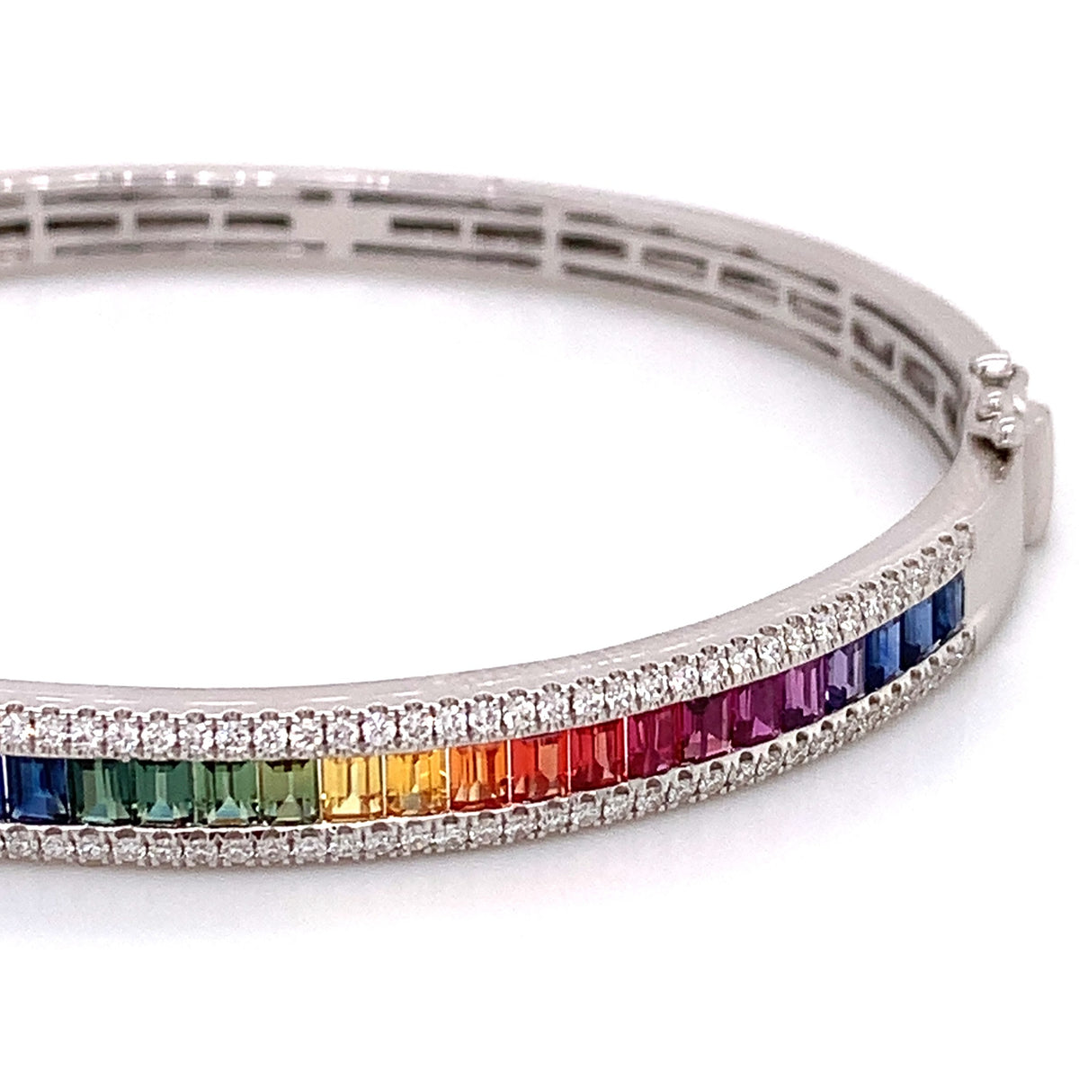 Fancy Color Rainbow Sapphire & Diamond Rose Gold Bangle Bracelet 18K White Gold