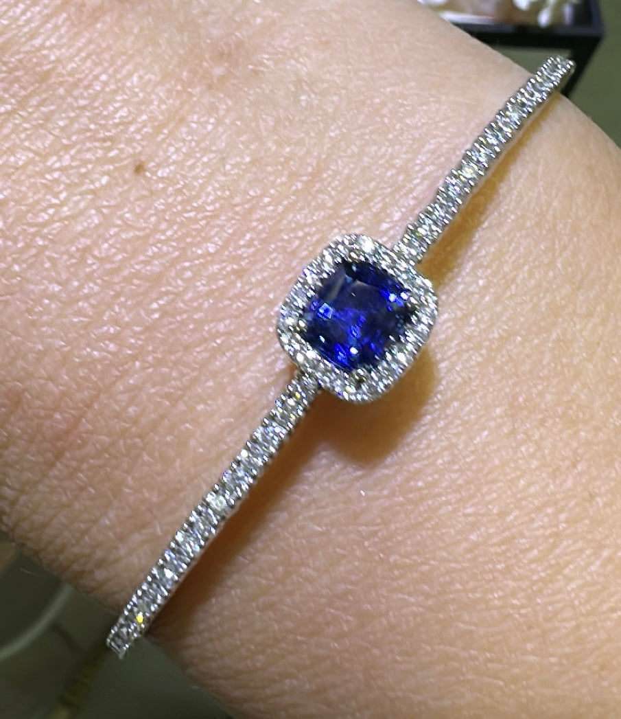 1.65carat Diamond Cushion Cut Blue Sapphire Center Semi Flexible Bracelet