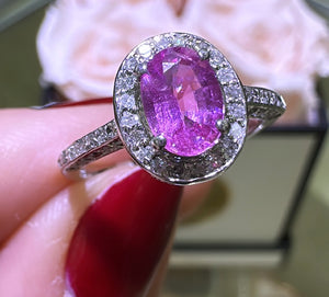 Oval Pink Sapphire Diamond Halo Ring 0.50ct tw