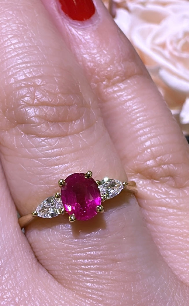 0.91ct tw Three Stone Ruby Oval Center with Pear Side Diamonds Ring