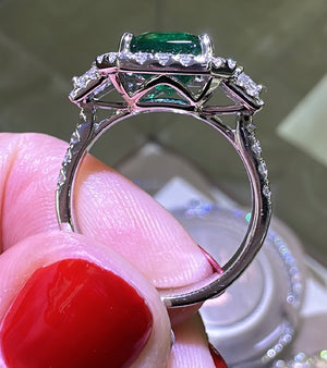 GRS Certified Ladies Statement 3.38ct Zambian Emerald - Cut Emerald & Diamond Ring