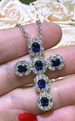 Blue Sapphire and Diamond 4.16ct tw Cross Pendant Statement Necklace