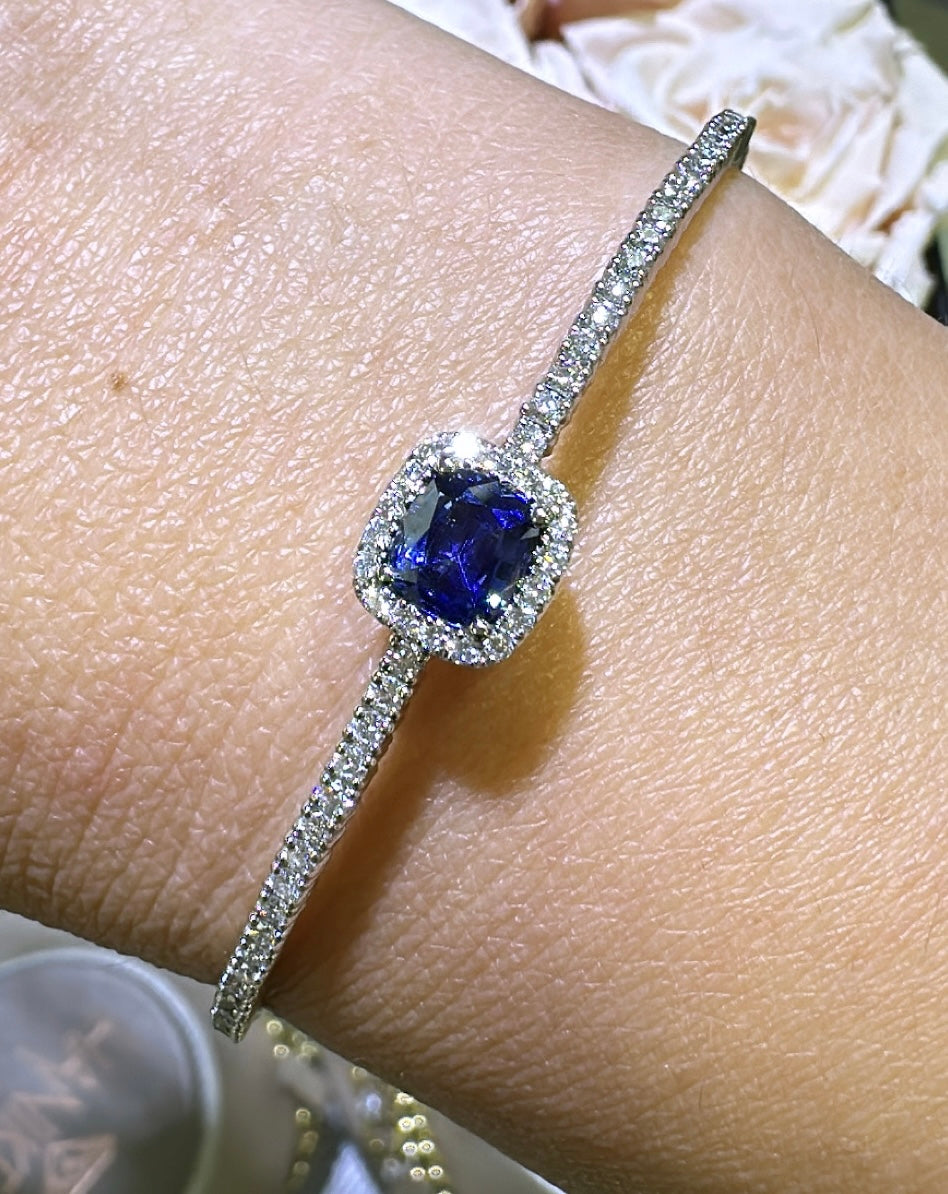 1.65carat Diamond Cushion Cut Blue Sapphire Center Semi Flexible Bracelet