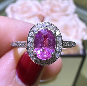 Oval Pink Sapphire Diamond Halo Ring 0.50ct tw