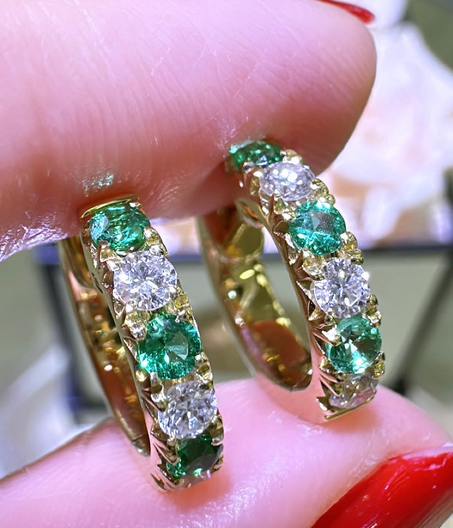 Green Emerald and Diamond Hoop Huguie Earrings 0.58ct tw