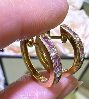 Pink Sapphire Baguette-cut with Diamond Hoop Earrings