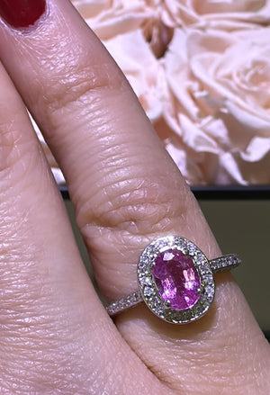 Oval Pink Sapphire Diamond Halo Ring 0.50ct tw