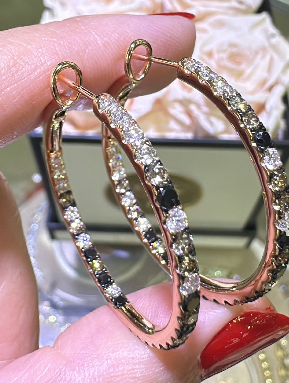 2.72ct tw Champaign and Black & White Diamond Hoop Earrings