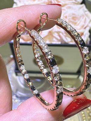 2.72ct tw Champaign and Black & White Diamond Hoop Earrings