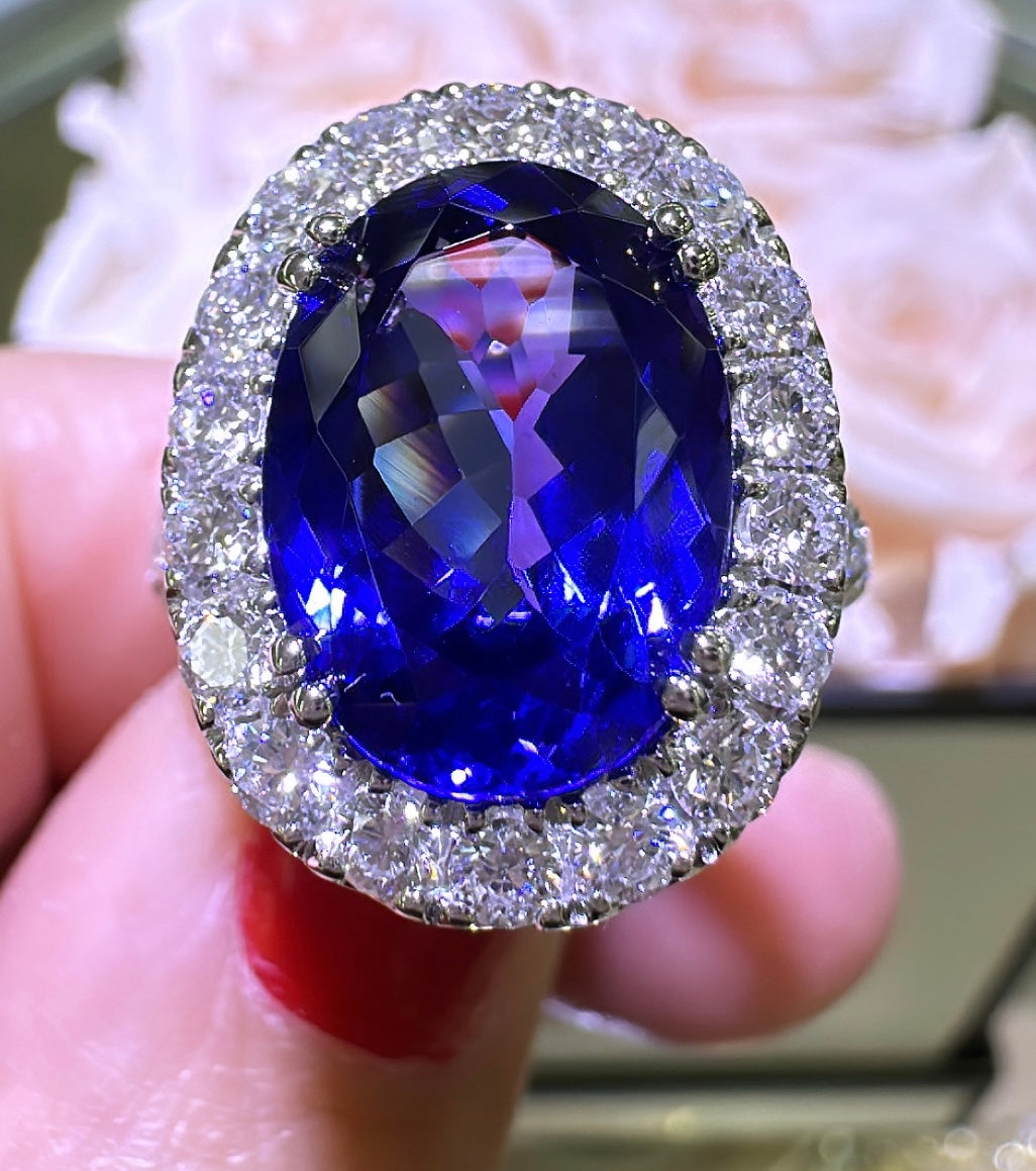 GIA Certified 7.60ct tw Oval Cut Tanzanite and Diamond Ring