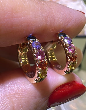 0.80carat Rainbow Sapphire Rose Gold Huggie Hoop Earrings