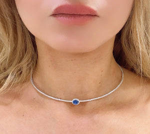 2.64carat Choker with Oval Cut Blue Sapphire Center Tennis Necklace