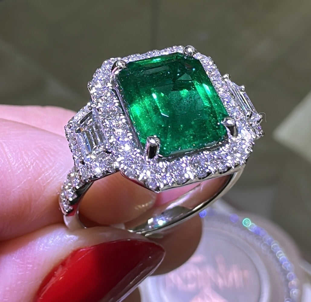 GRS Certified Ladies Statement 3.38ct Zambian Emerald - Cut Emerald & Diamond Ring