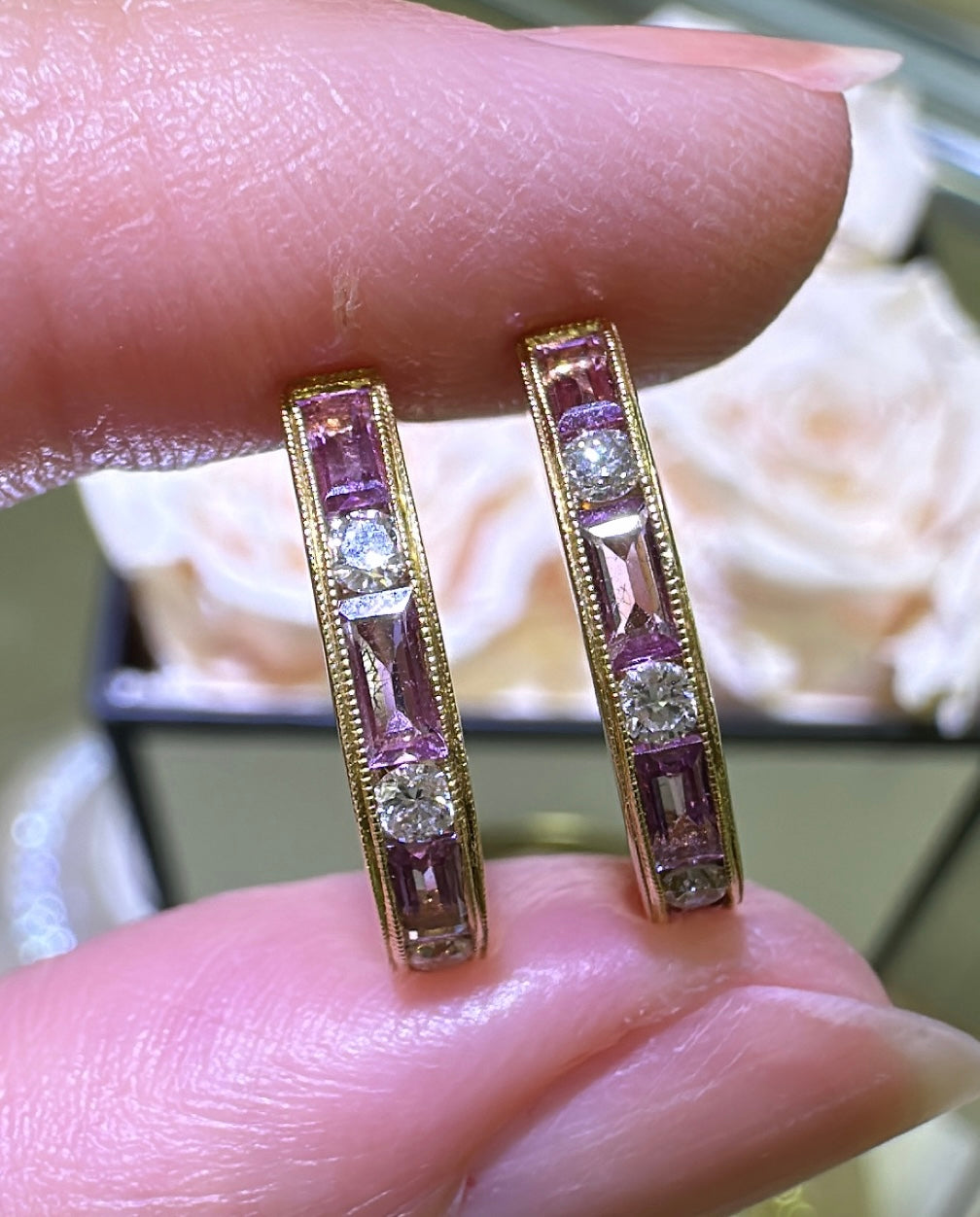 Pink Sapphire Baguette-cut with Diamond Hoop Earrings