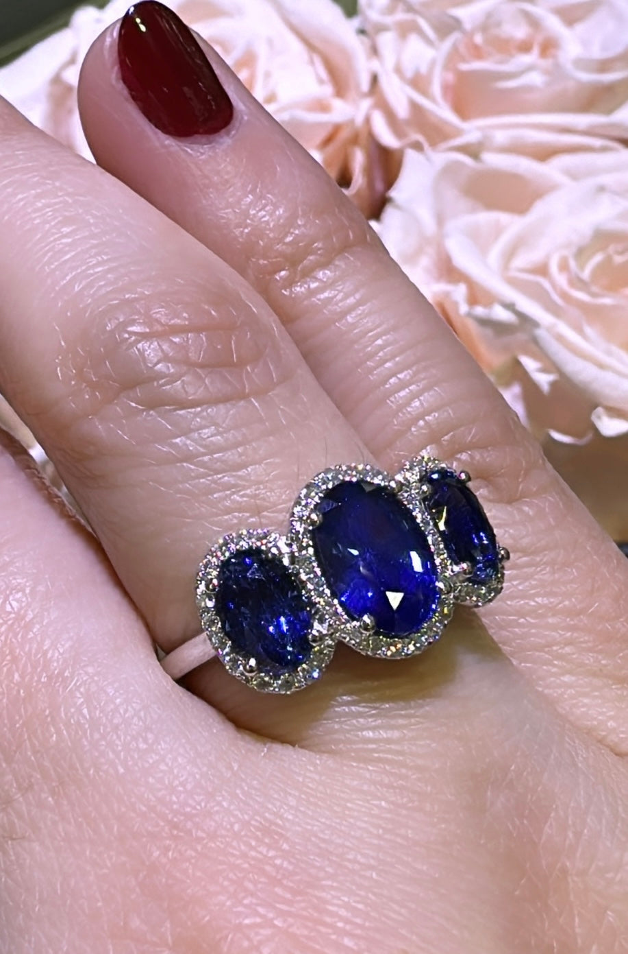 4.33carat Three Stone Royal Blue Sapphire & Diamond Ring