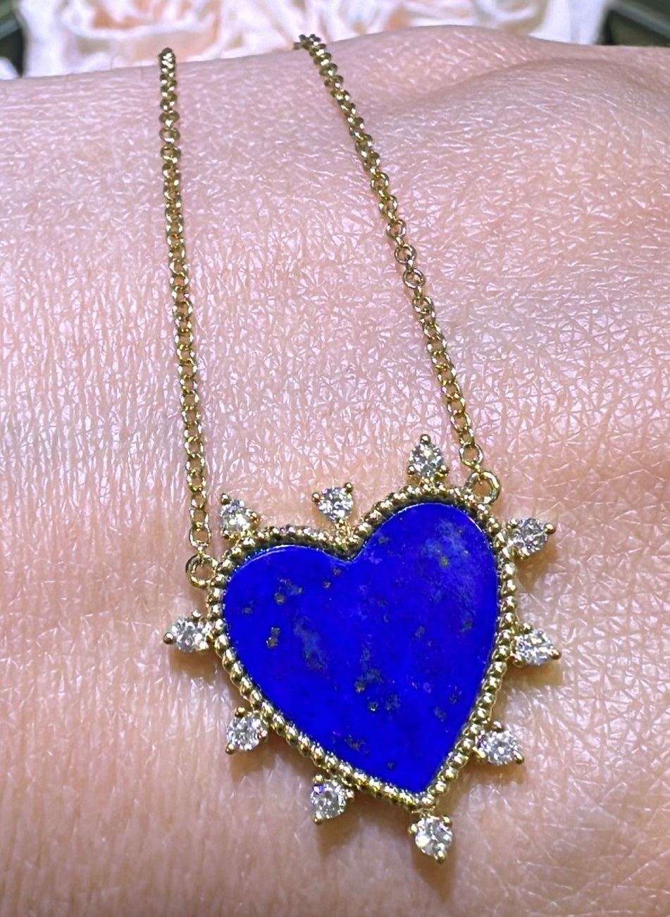 Lapis Lazuli and Diamond Spiked Heart Pendant Necklace