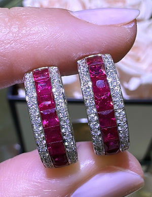 2.28carat Ruby Princess-cut & Diamond Hoop Earrings