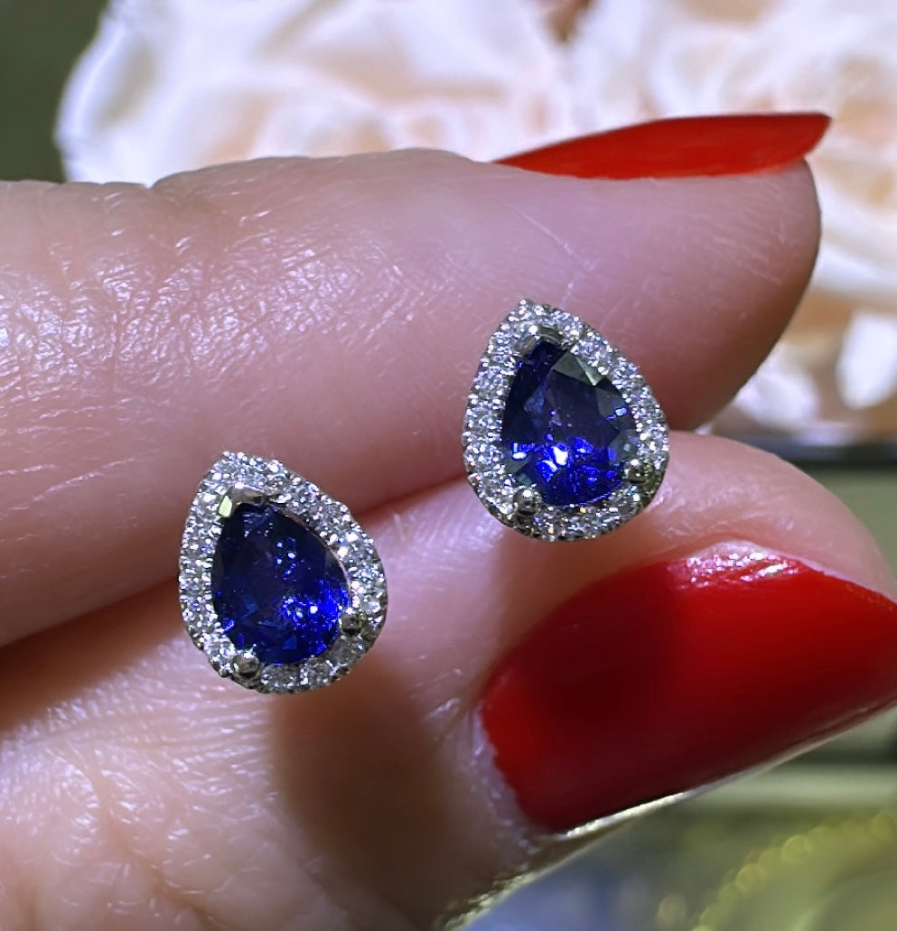 0.58ct tw Pear Shape Blue Sapphire Diamond Stud Earrings