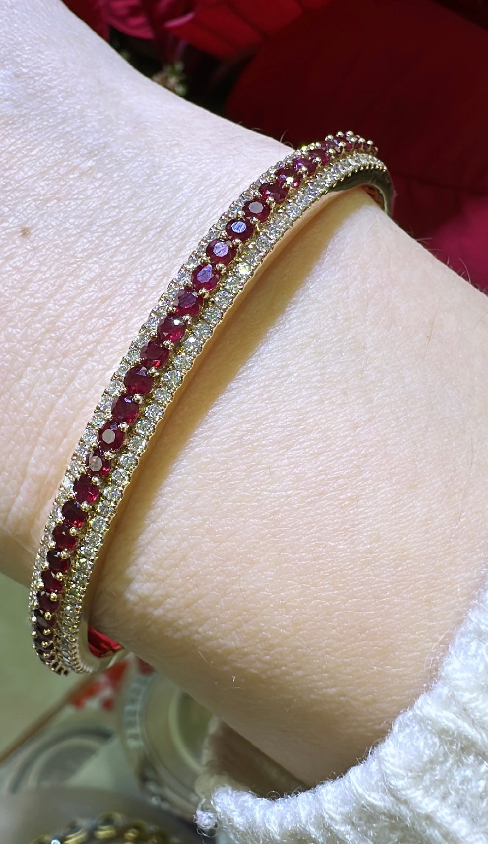 3.23ct t.w. Round Brilliant Cut Diamond and Ruby Bangle Bracelet