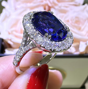 GIA Certified 7.60ct tw Oval Cut Tanzanite and Diamond Ring