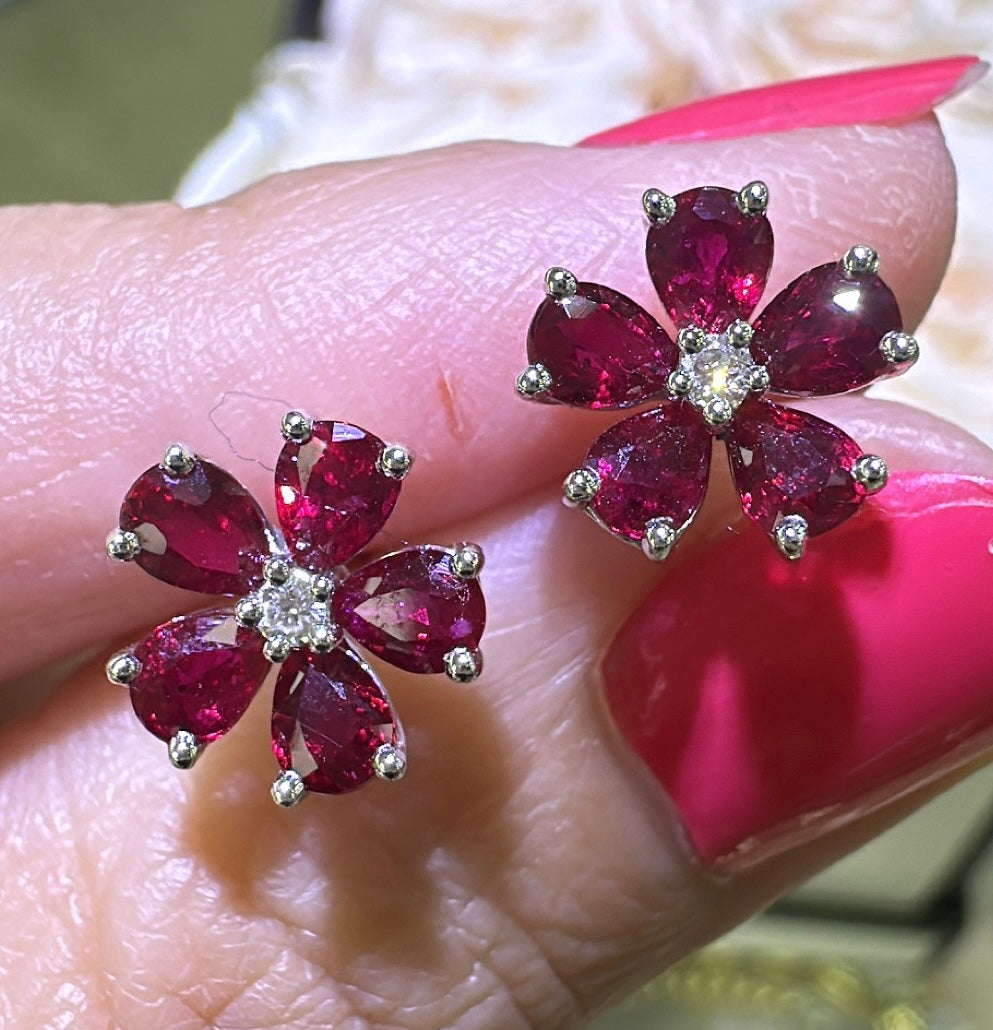 Ladies Flower Shape Ruby And Diamond Stud Earrings