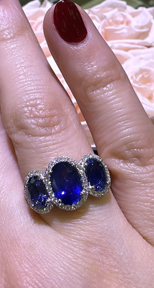 4.33carat Three Stone Royal Blue Sapphire & Diamond Ring