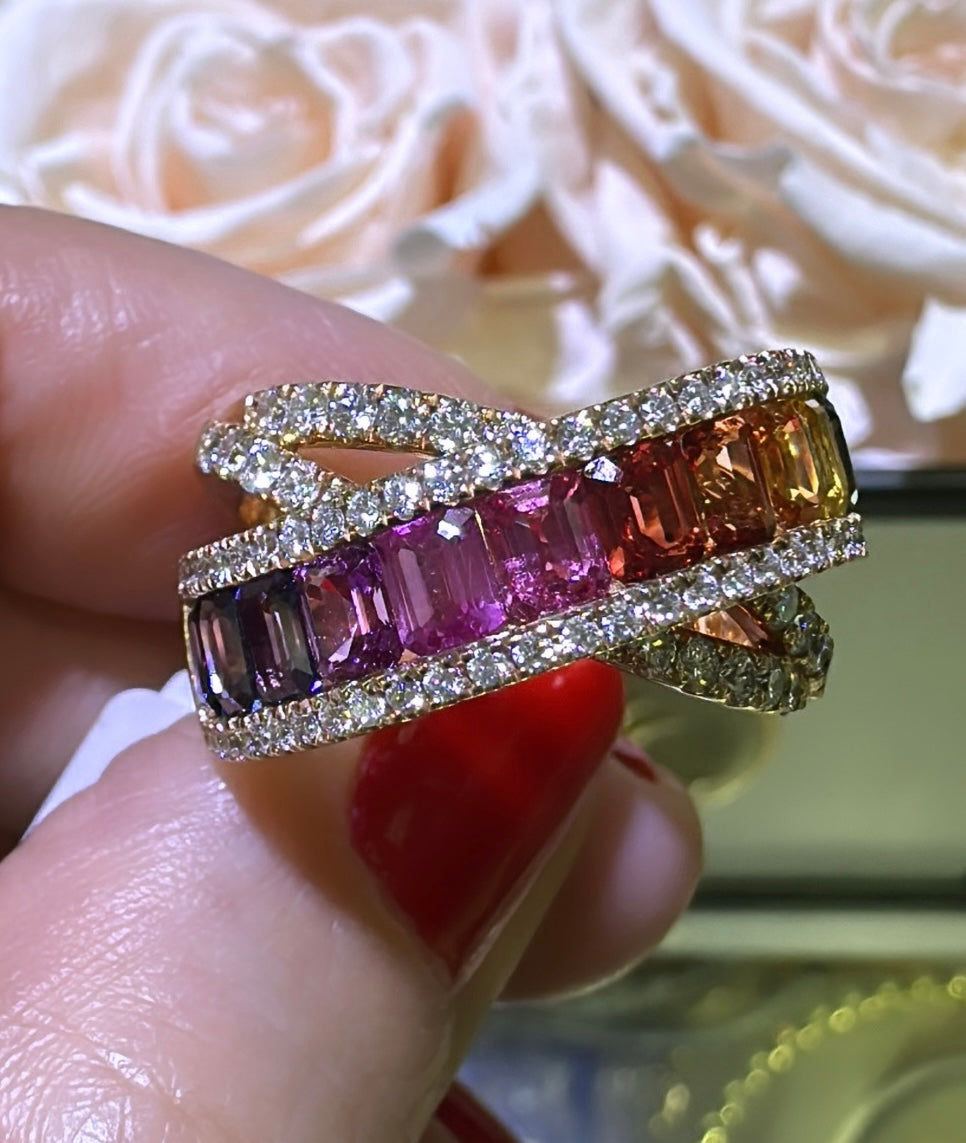 4.18ct tw Rainbow Sapphire Baguette and Round cut Diamond Criss Cross Ring