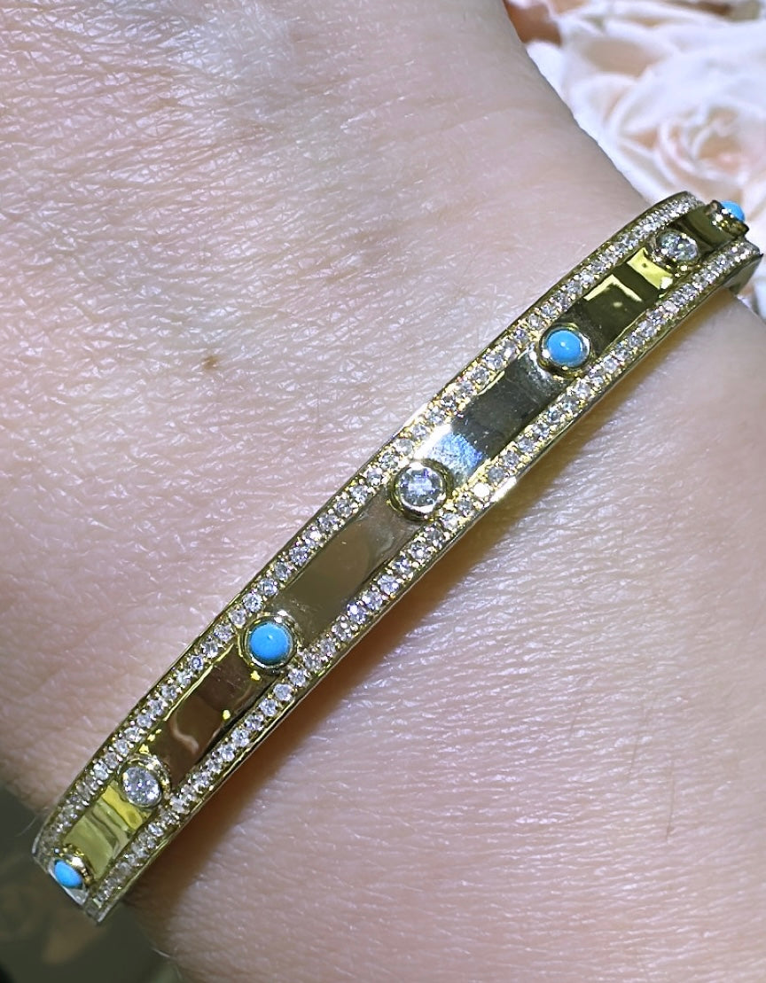 0.61carat Burnish Set Diamond and  Turquoise Station Bangle Bracelet