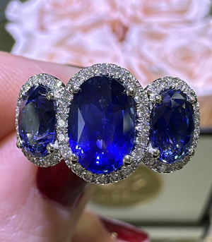 4.33carat Three Stone Royal Blue Sapphire & Diamond Ring