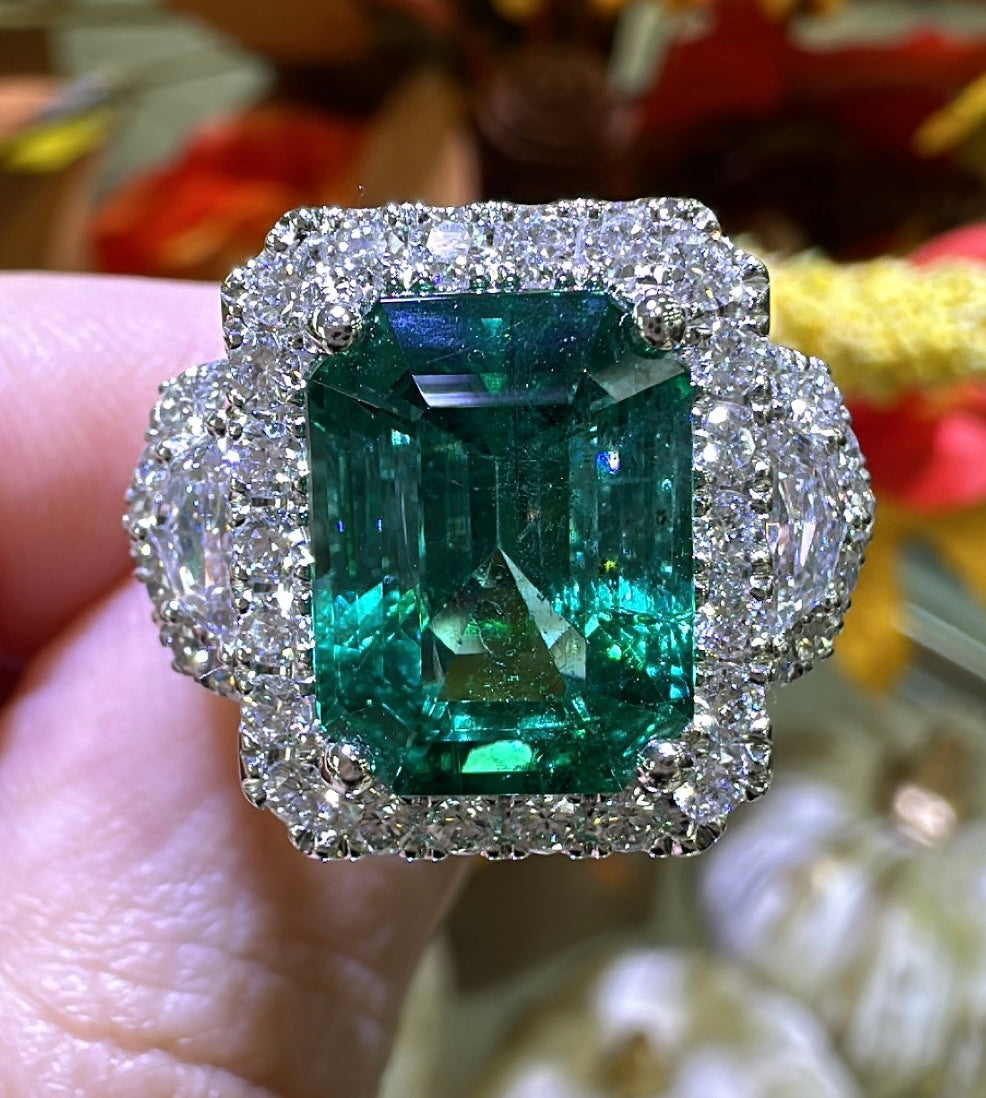 GRS Certified Emerald Statement 7.31carat Zambian Emerald - Cut Emerald & Diamond Ring