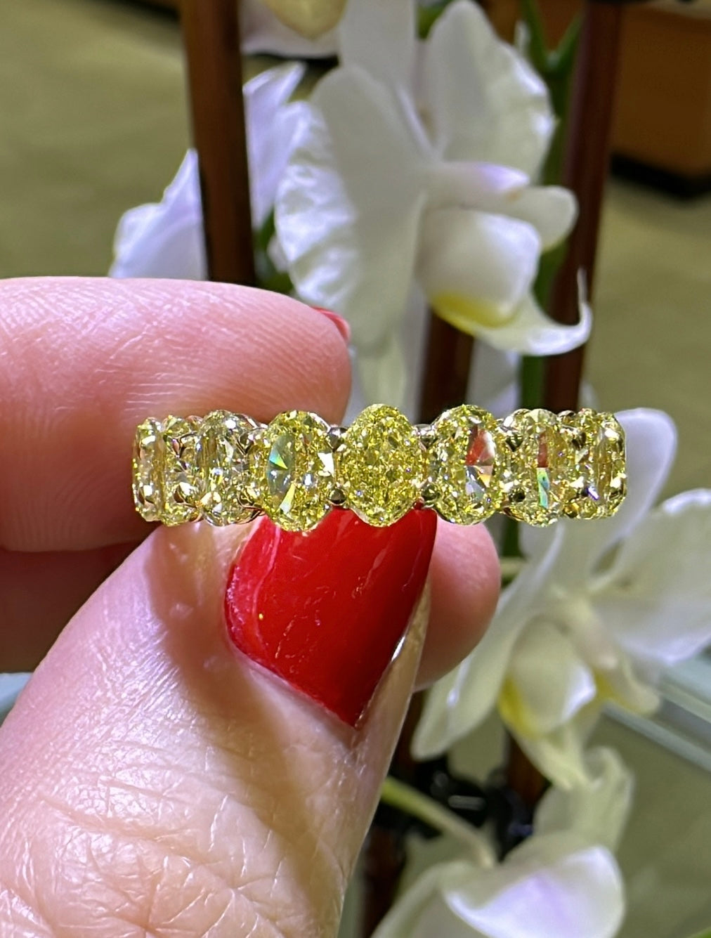 Designer Fancy Intense Yellow Canary 6.21carat Oval-cut Eternity Diamond Ring