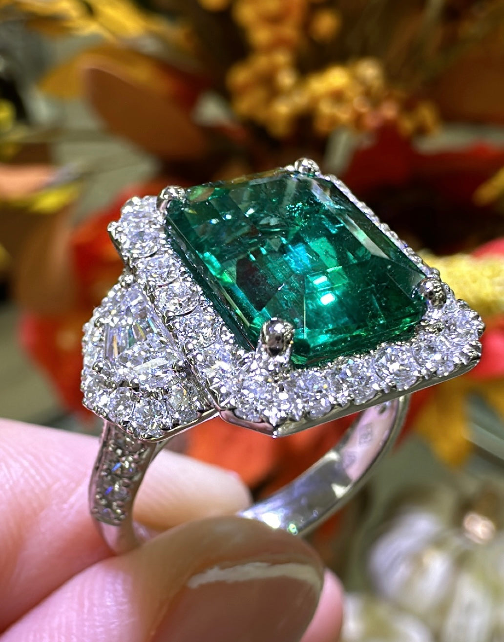 GRS Certified Emerald Statement 7.31carat Zambian Emerald - Cut Emerald & Diamond Ring