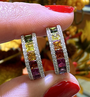 2.45ct tw Princess Cut Rainbow Sapphire & Diamond White Gold Hoop Earrings