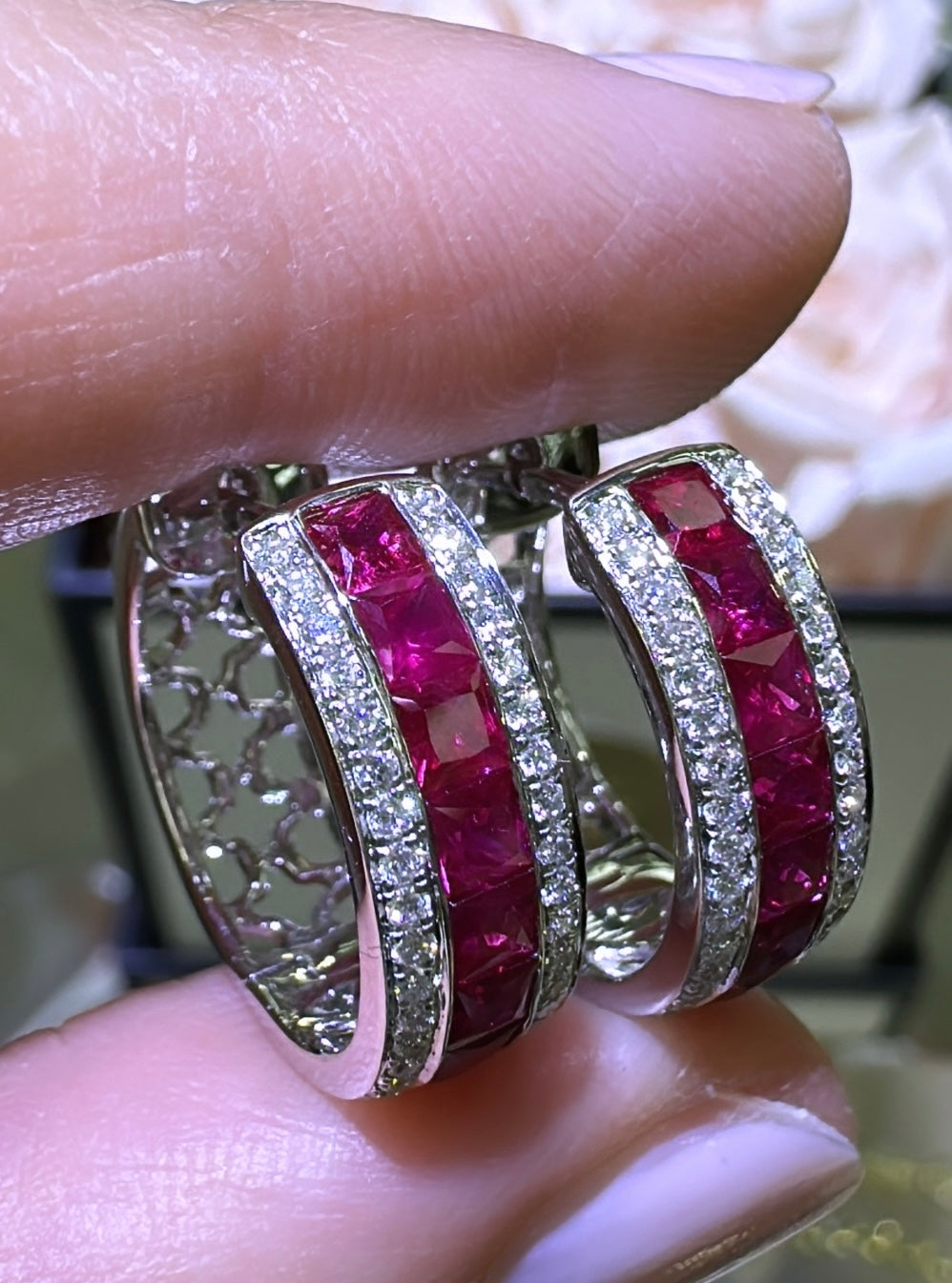 2.28carat Ruby Princess-cut & Diamond Hoop Earrings