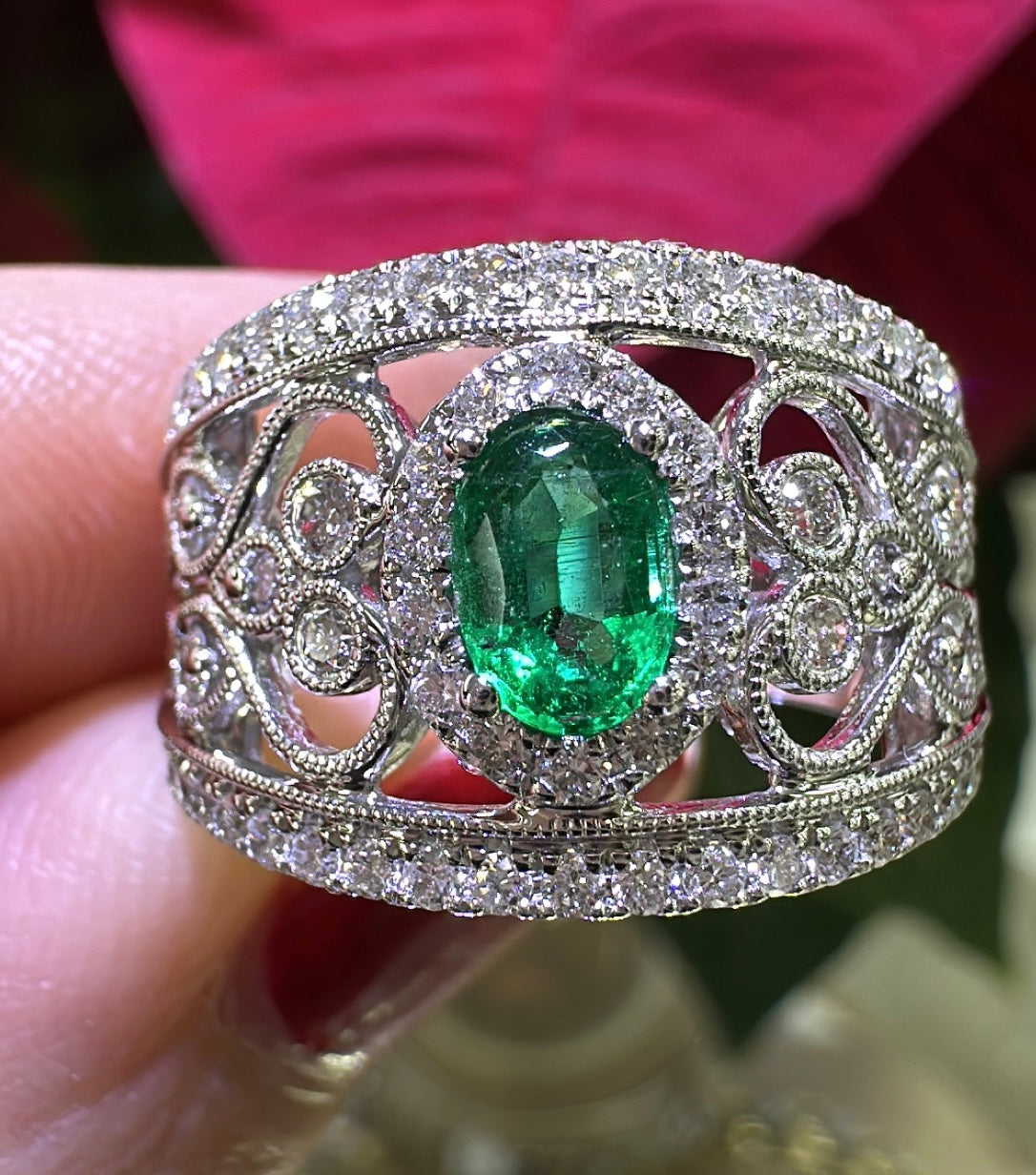 1.31carat Emerald and Diamond Statement Ring