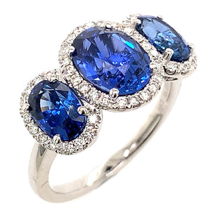 4.33carat Three Stone Royal Blue Sapphire & Diamond Ring