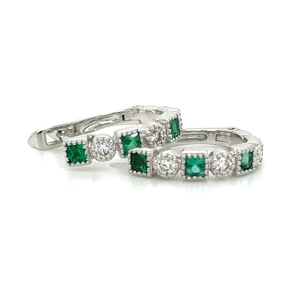 Ladies 3 Stone Princess-cut Emerald & Diamond Huguie Earrings 0.40ct tw