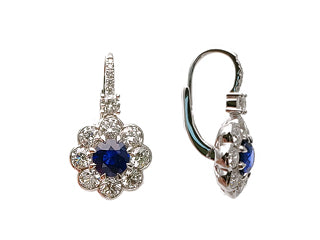 Royal Blue Sapphire & Diamond Flower Style Statement Earrings