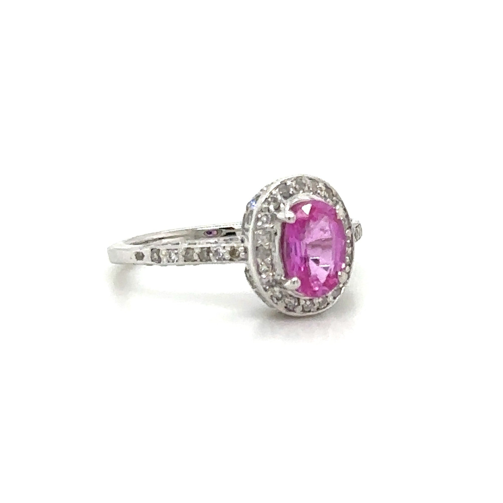 Oval Pink Sapphire Diamond Halo Ring 0.50ct tw