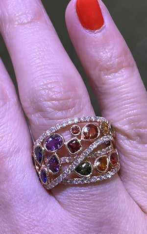 Multiple-shape Rainbow Sapphire Rose Gold Ring