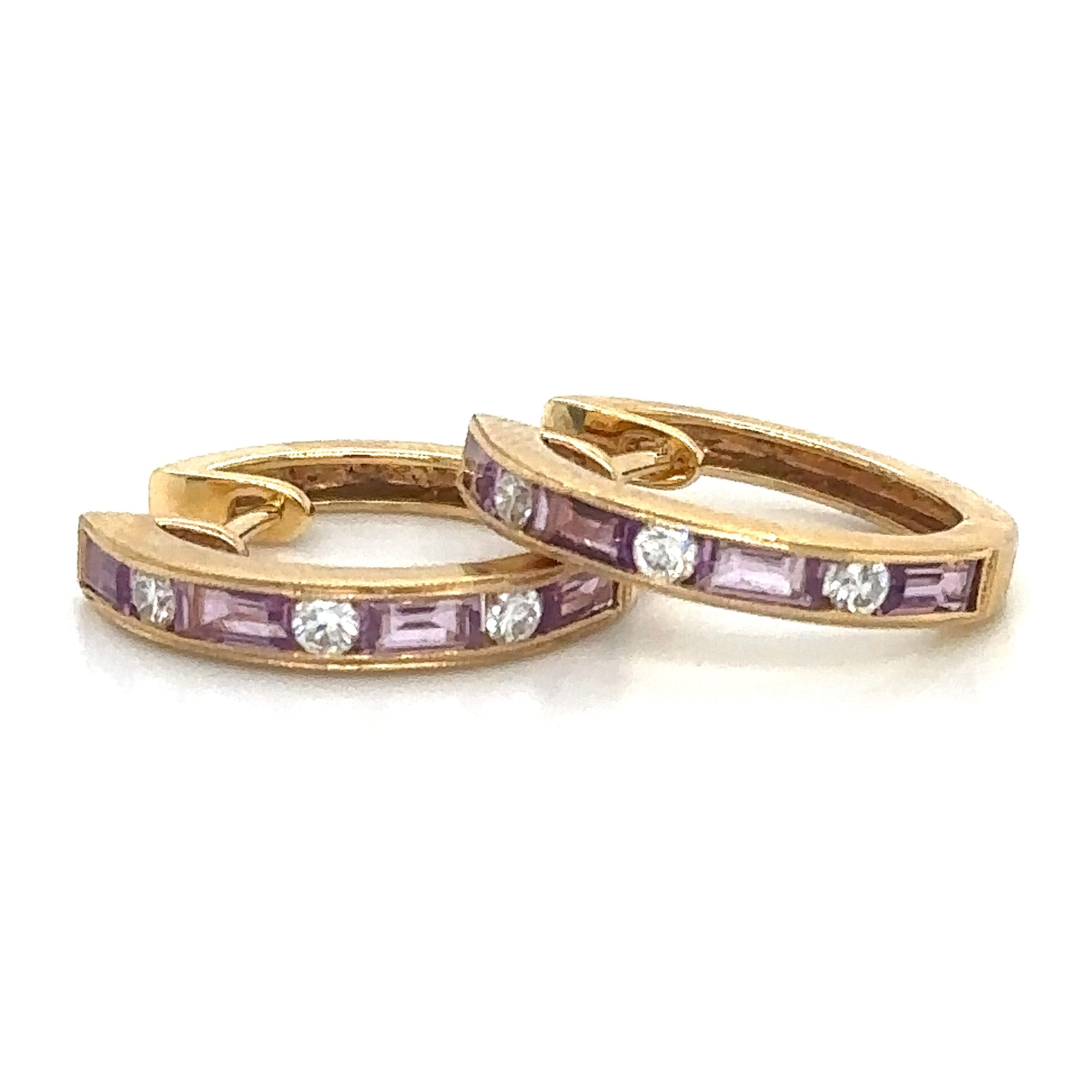 Pink Sapphire Baguette-cut with Diamond Hoop Earrings