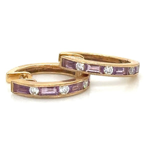 Pink Sapphire Baguette-cut with Diamond Hoop Earrings