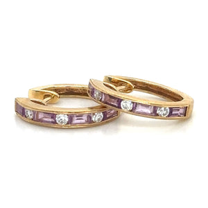 Pink Sapphire Baguette-cut with Diamond Hoop Earrings