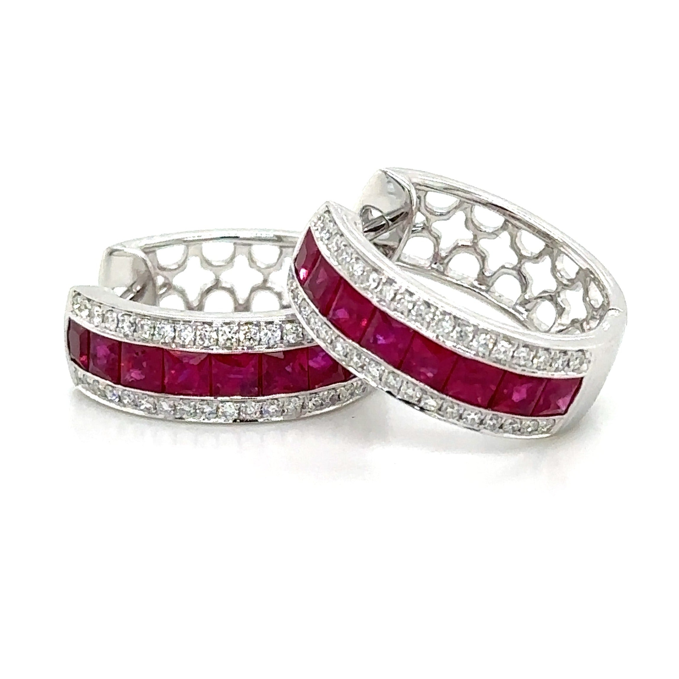 2.28carat Ruby Princess-cut & Diamond Hoop Earrings