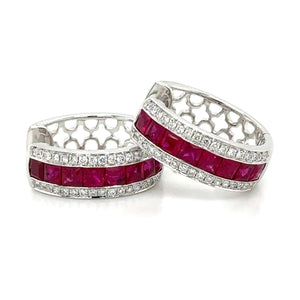 2.28carat Ruby Princess-cut & Diamond Hoop Earrings