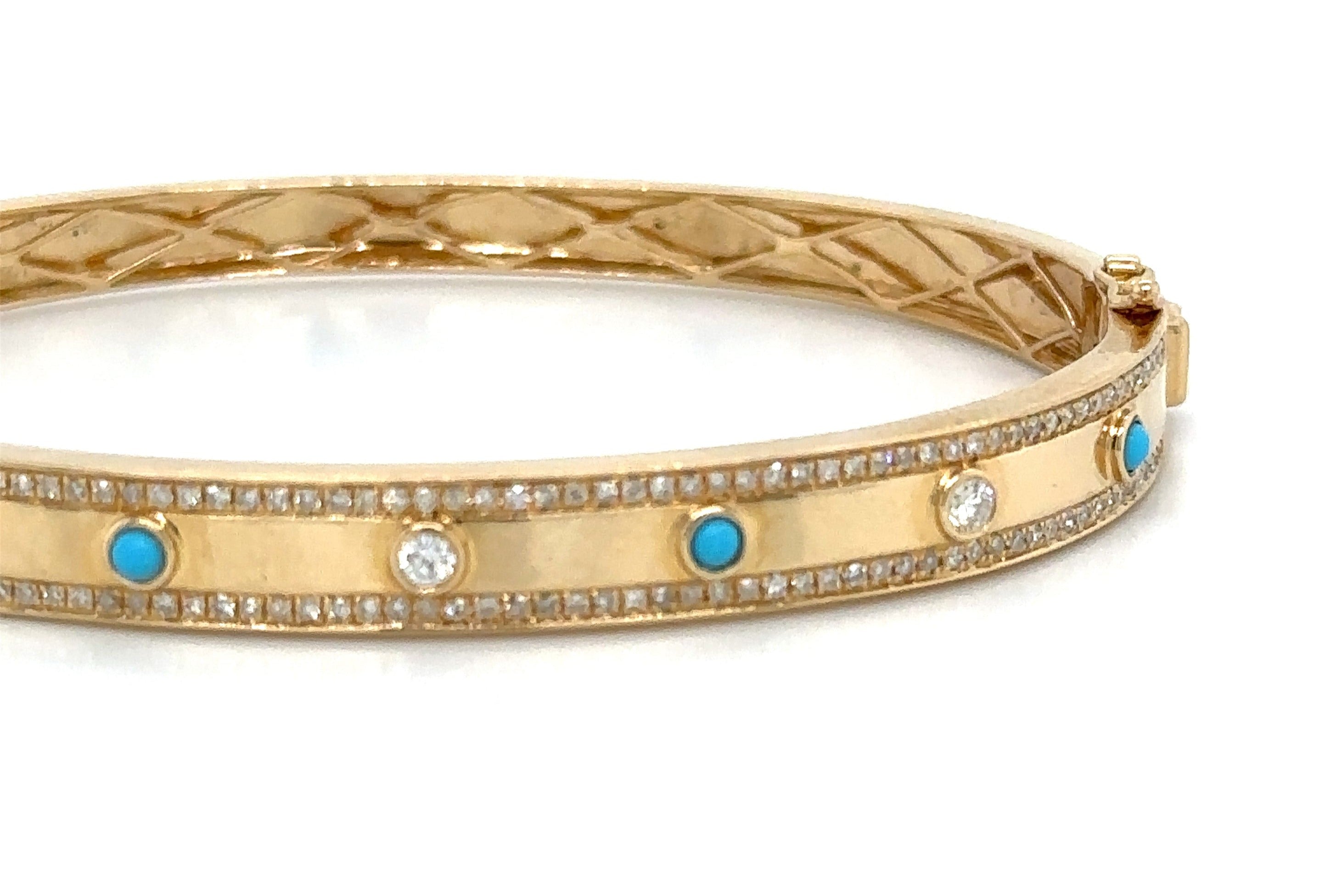 0.61carat Burnish Set Diamond and  Turquoise Station Bangle Bracelet