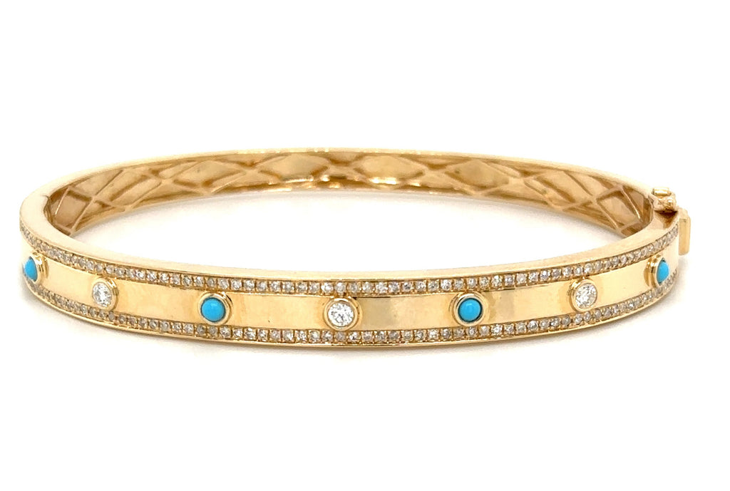 0.61carat Burnish Set Diamond and  Turquoise Station Bangle Bracelet