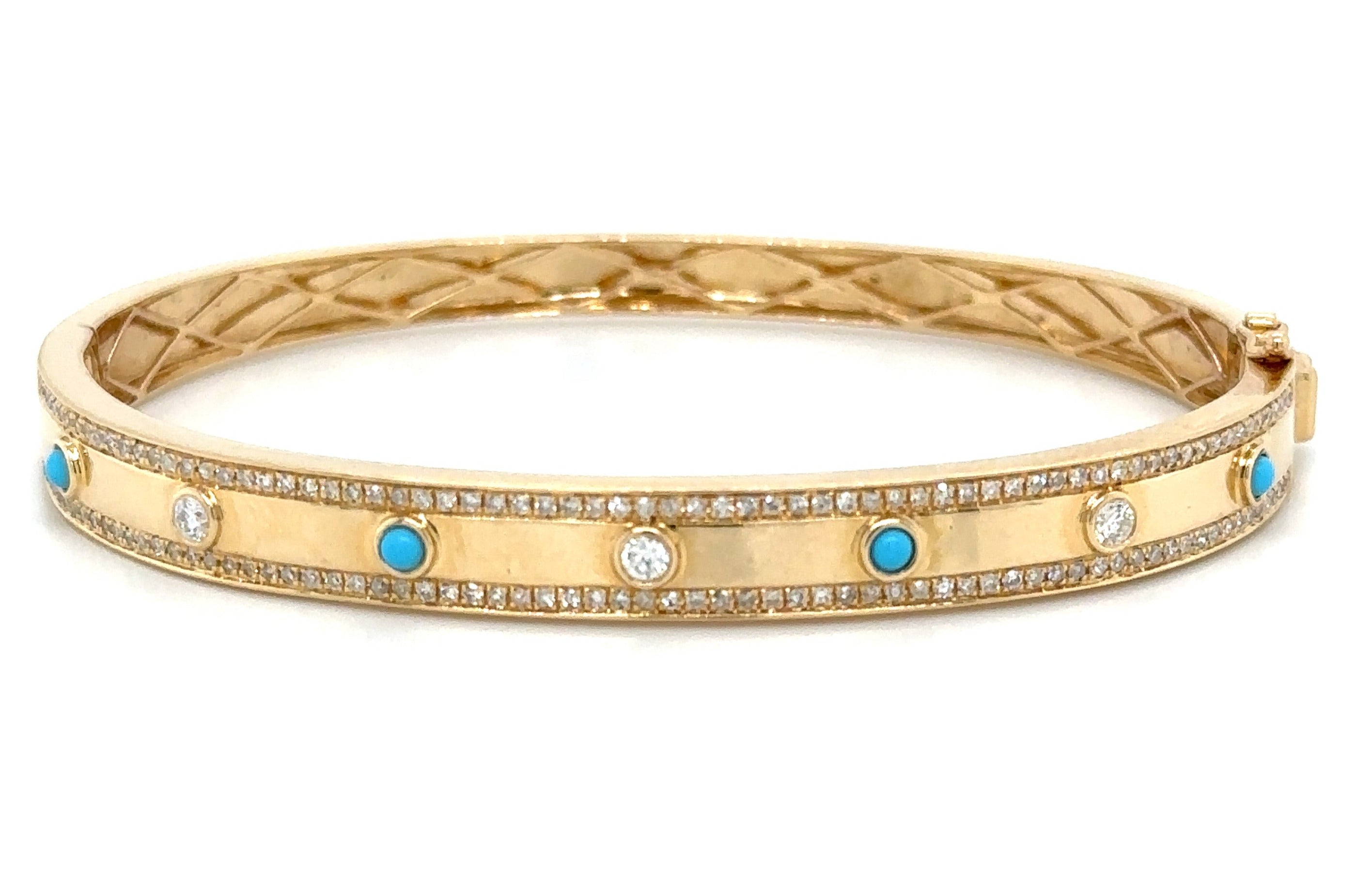 0.61carat Burnish Set Diamond and  Turquoise Station Bangle Bracelet