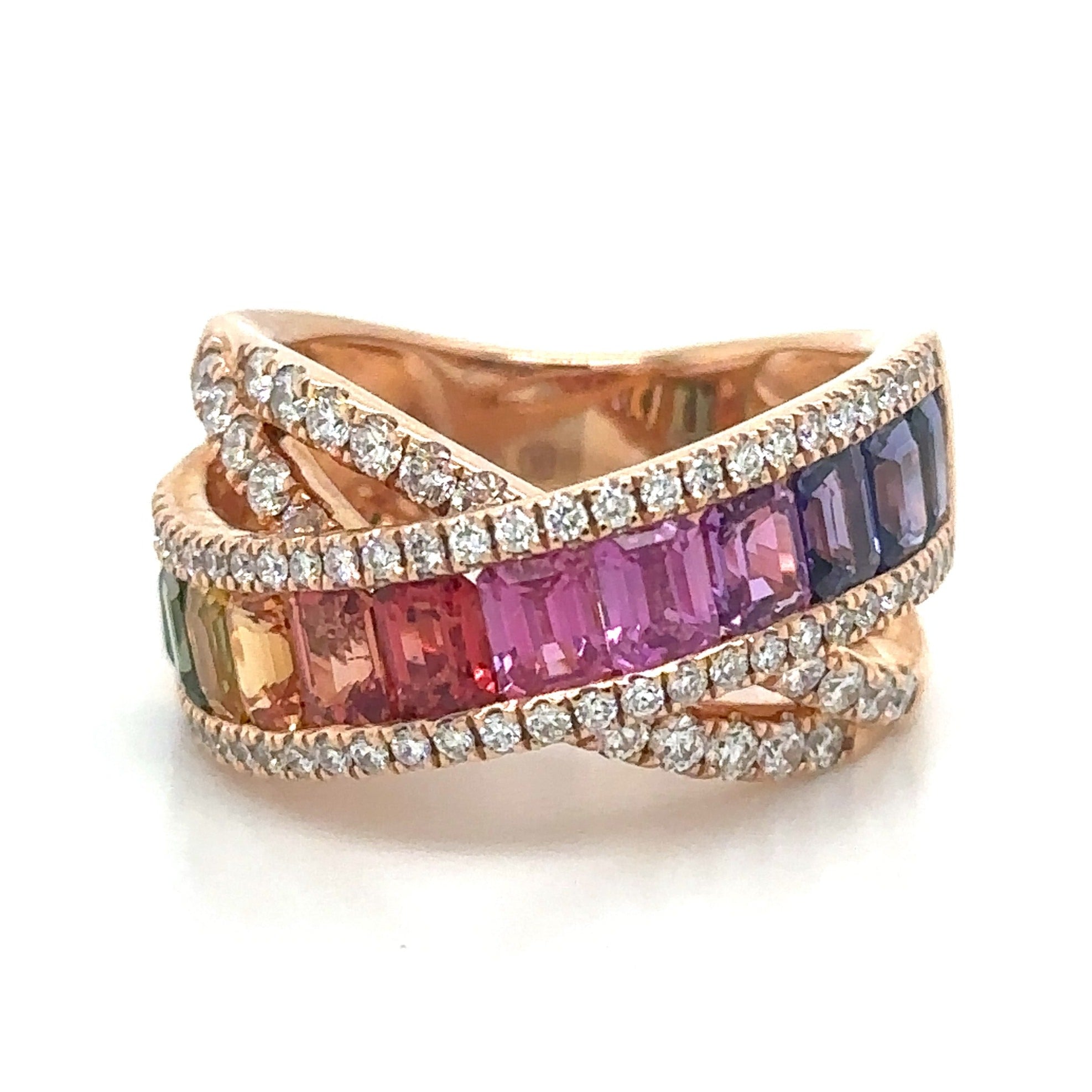 4.18ct tw Rainbow Sapphire Baguette and Round cut Diamond Criss Cross Ring