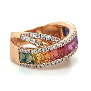 4.18ct tw Rainbow Sapphire Baguette and Round cut Diamond Criss Cross Ring